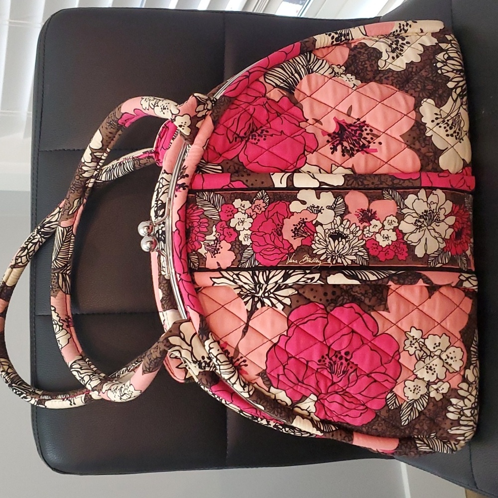 Vera Bradley Mocha Rogue clutch satchel purse with silver hardware.